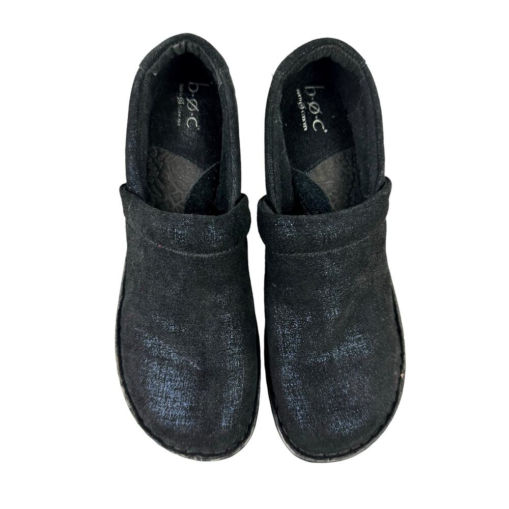 B.O.C. Peggy Black Leather & Blue Sparkle Shimmer Slip On Comfort Clogs